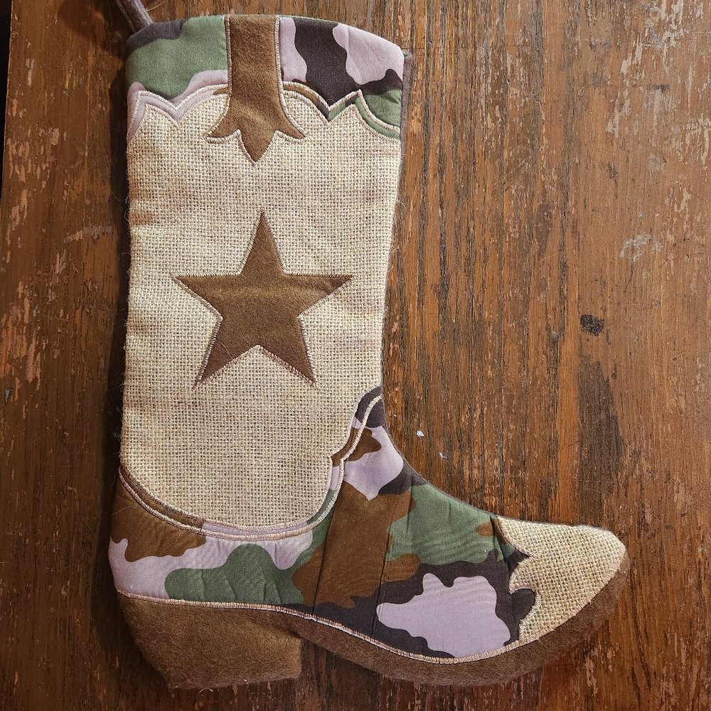 Christmas Stocking Western Cowboy Boot with Star and Camo NWT